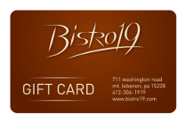 Bistro 19 logo in white over a solid rust colored background.